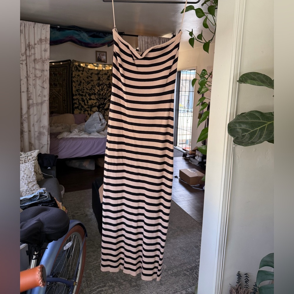 Le Lis Tan and Black Striped Maxi Sweater Dress
